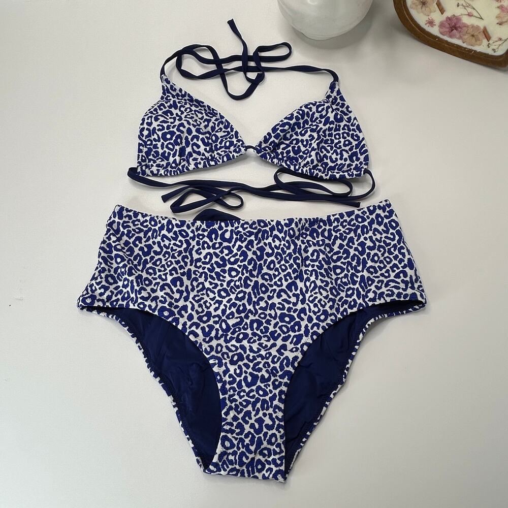 Lemlem Halima Two Pc Sting Triangle Top/High Waisted Bottom Navy Women Large NWT
